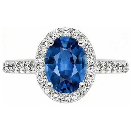 Anello Halo con zaffiro blu di Ceylon. oro bianco 14K. ovale. 2.15 ct.