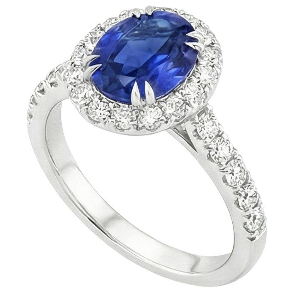 Anello Halo con zaffiro blu intenso ovale da 6,50 carati e set di punte con artiglio di diamanti