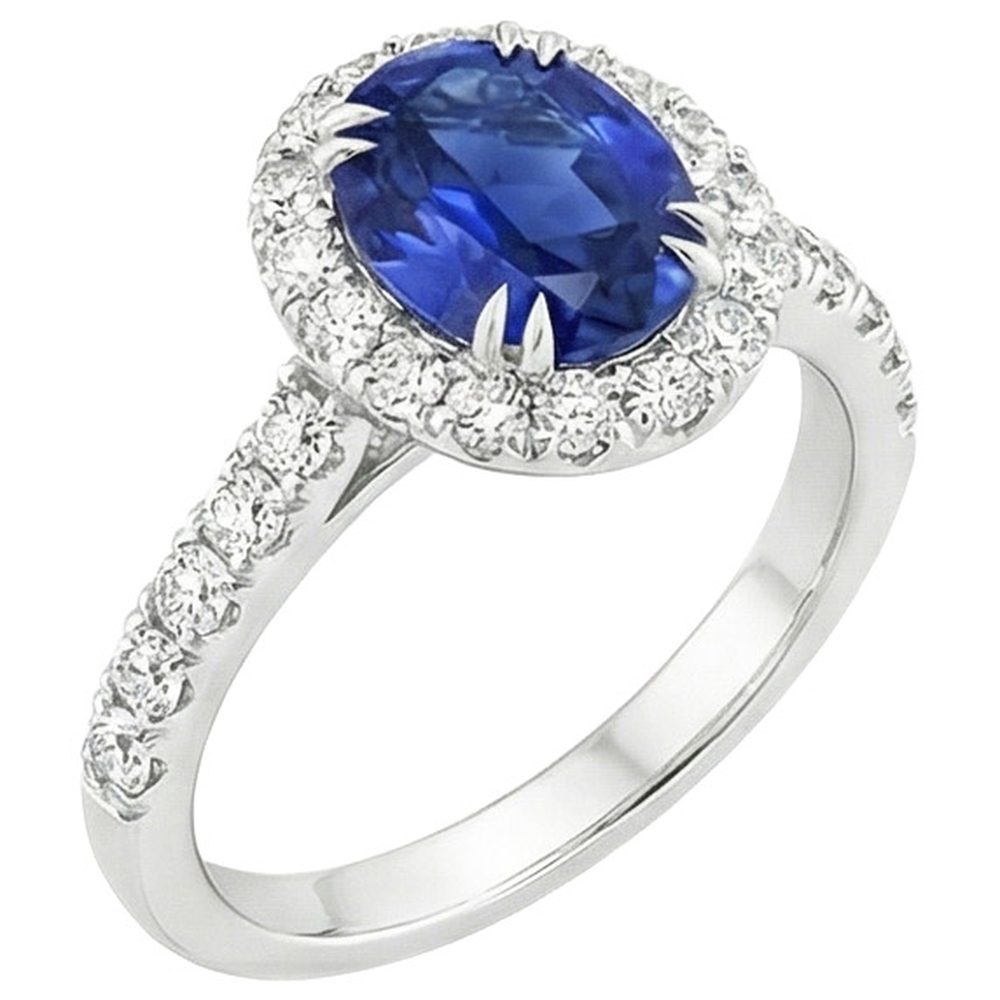 Anello Halo con zaffiro blu intenso ovale da 6,50 carati e set di punte con artiglio di diamanti