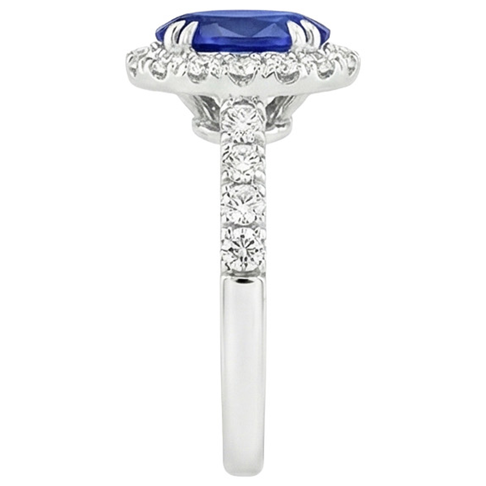 Anello Halo con zaffiro blu intenso ovale da 6,50 carati e set di punte con artiglio di diamanti