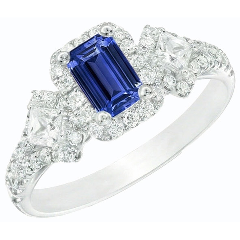 Anello Halo con zaffiro blu smeraldo Princess da 3,50 carati e diamanti tondi