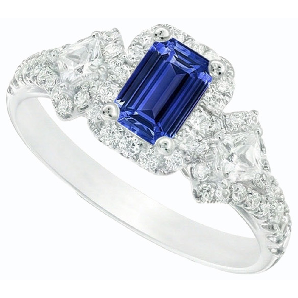 Anello Halo con zaffiro blu smeraldo Princess da 3,50 carati e diamanti tondi