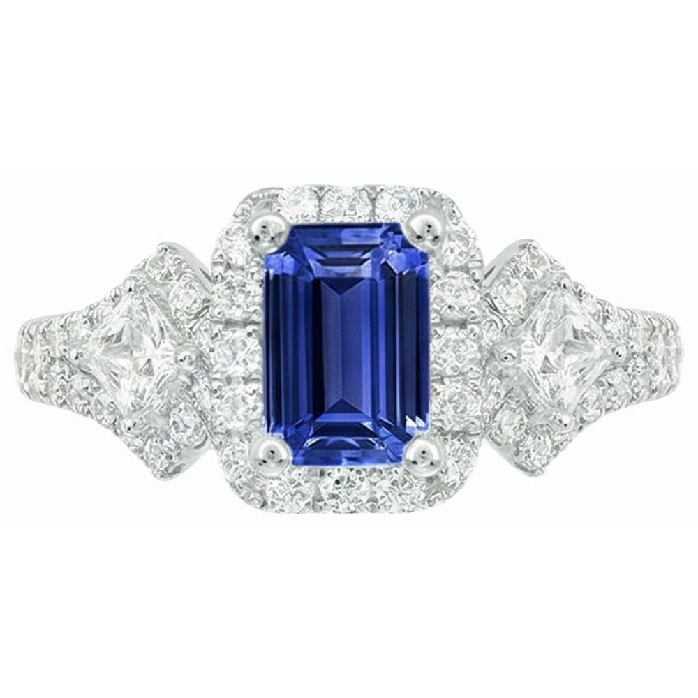 Anello Halo con zaffiro blu smeraldo Princess da 3,50 carati e diamanti tondi
