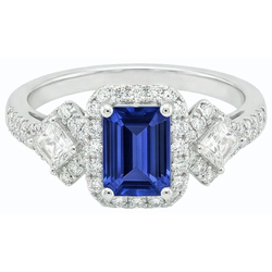 Anello Halo con zaffiro blu smeraldo Princess da 3,50 carati e diamanti tondi