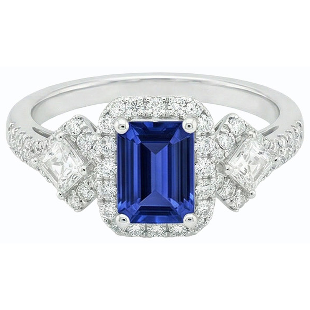 Anello Halo con zaffiro blu smeraldo Princess da 3,50 carati e diamanti tondi