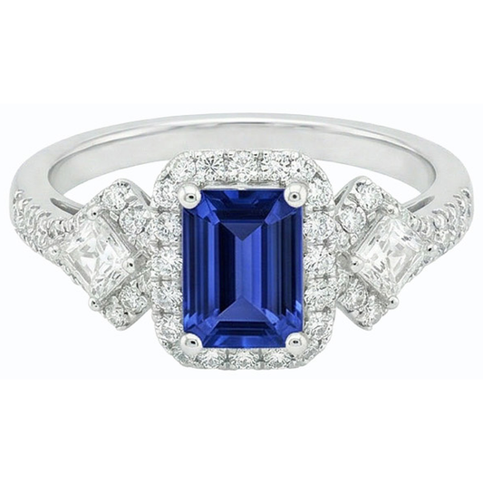 Anello Halo con zaffiro blu smeraldo Princess da 3,50 carati e diamanti tondi