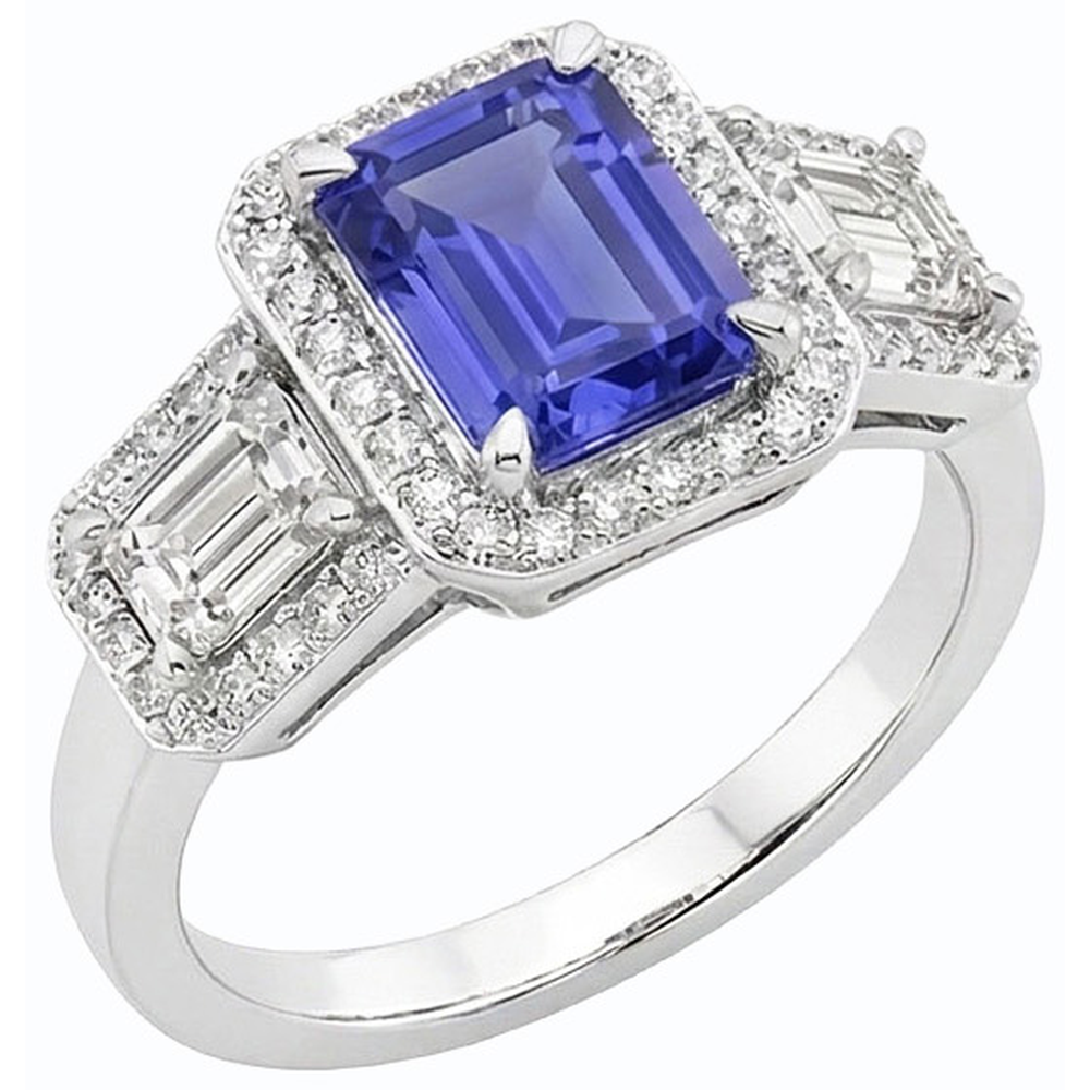 Anello Halo con zaffiro blu smeraldo da 3 carati e 3 diamanti con pietra in oro bianco 14K