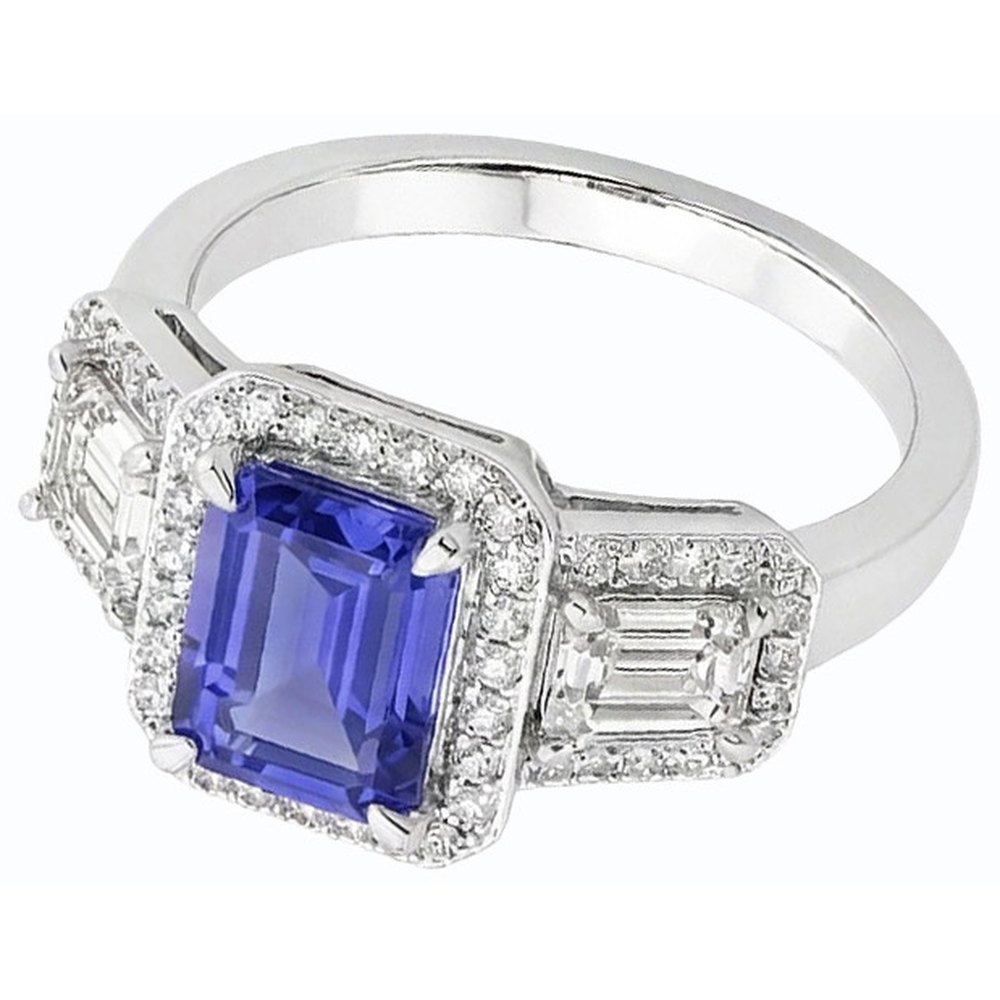 Anello Halo con zaffiro blu smeraldo da 3 carati e 3 diamanti con pietra in oro bianco 14K