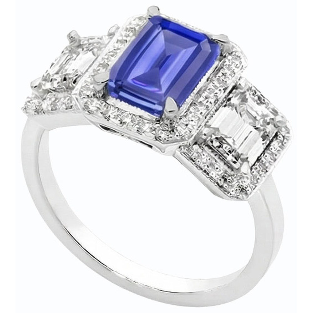 Anello Halo con zaffiro blu smeraldo da 3 carati e 3 diamanti con pietra in oro bianco 14K