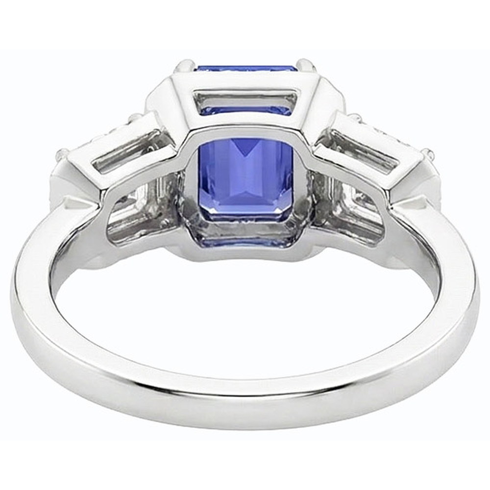Anello Halo con zaffiro blu smeraldo da 3 carati e 3 diamanti con pietra in oro bianco 14K