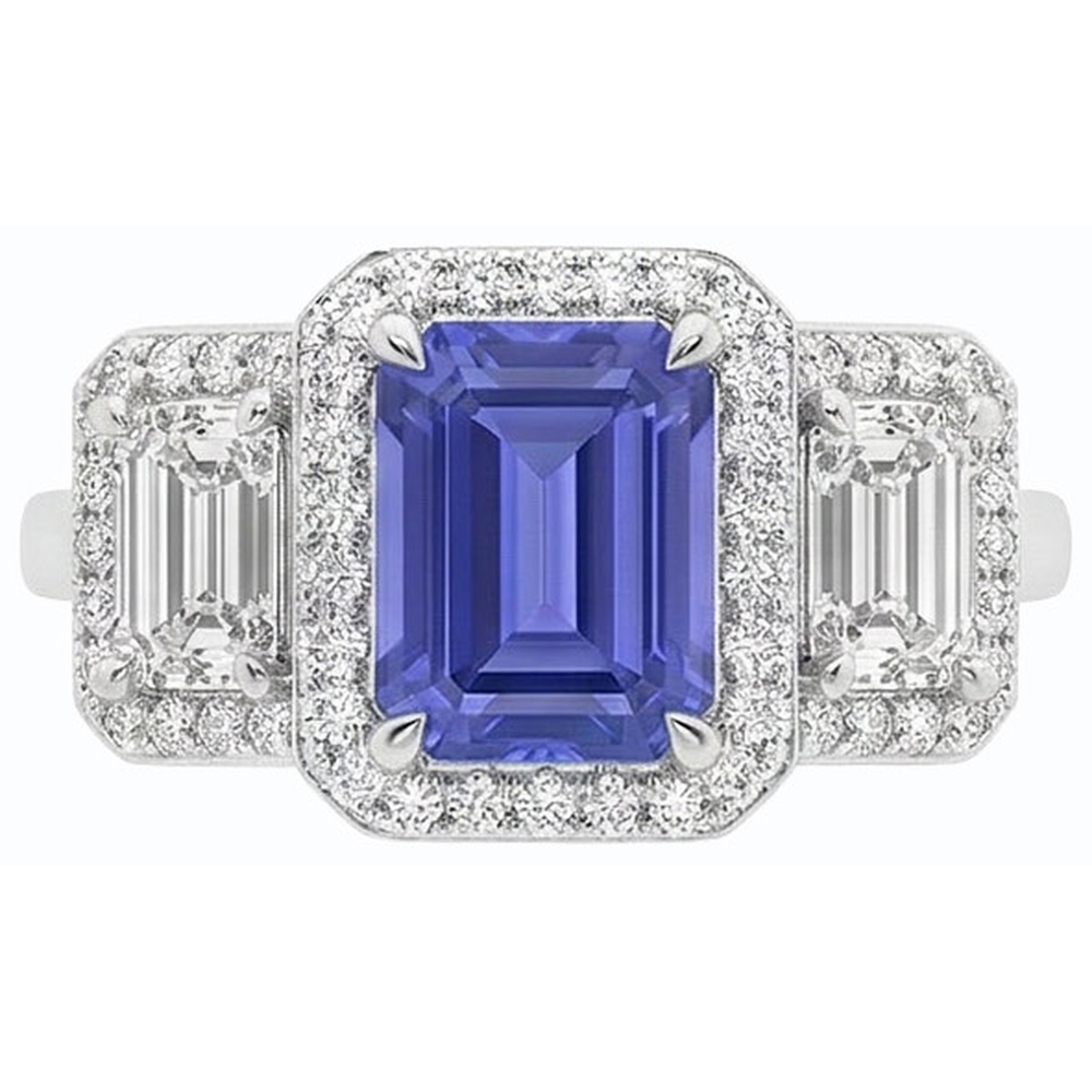 Anello Halo con zaffiro blu smeraldo da 3 carati e 3 diamanti con pietra in oro bianco 14K