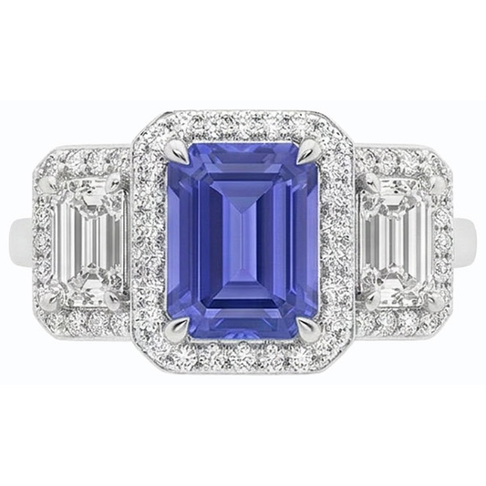 Anello Halo con zaffiro blu smeraldo da 3 carati e 3 diamanti con pietra in oro bianco 14K
