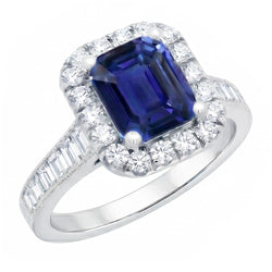 Anello Halo con zaffiro blu smeraldo da 3 carati e gioielli con diamanti, set di canali