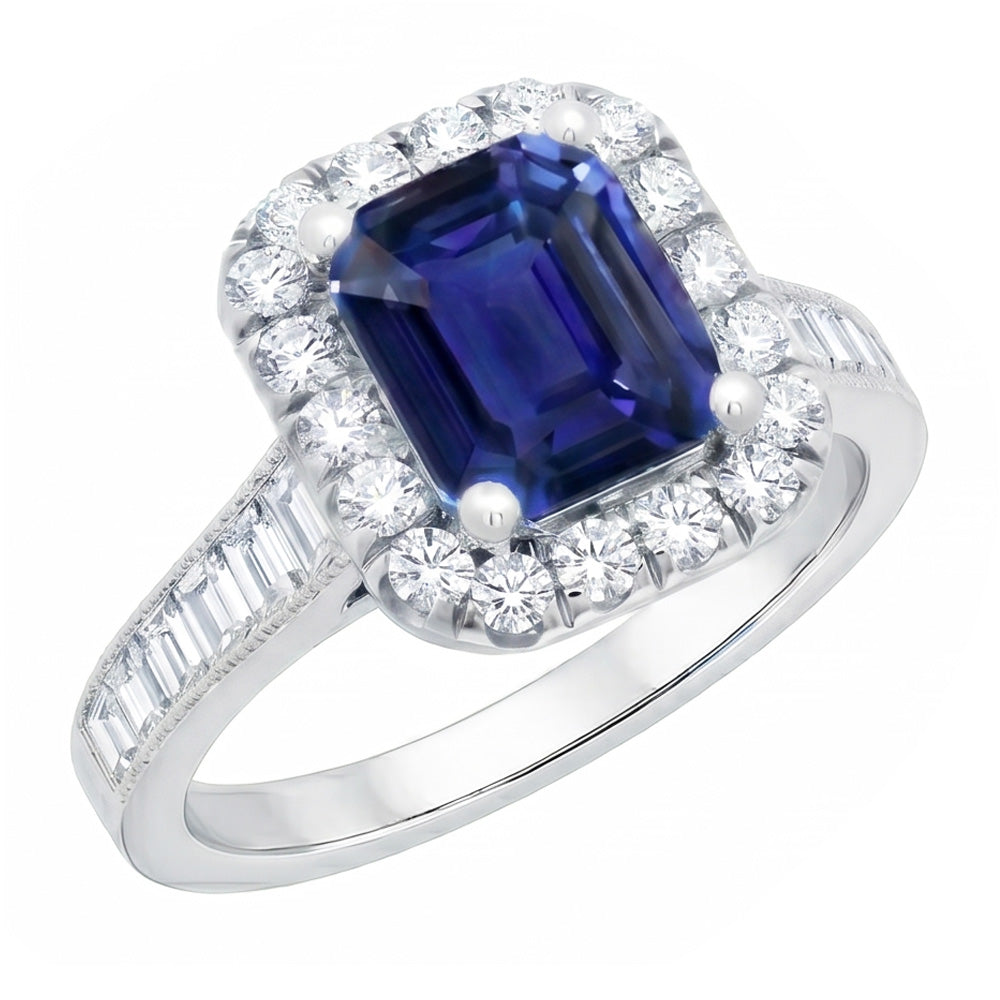 Anello Halo con zaffiro blu smeraldo da 3 carati e gioielli con diamanti, set di canali
