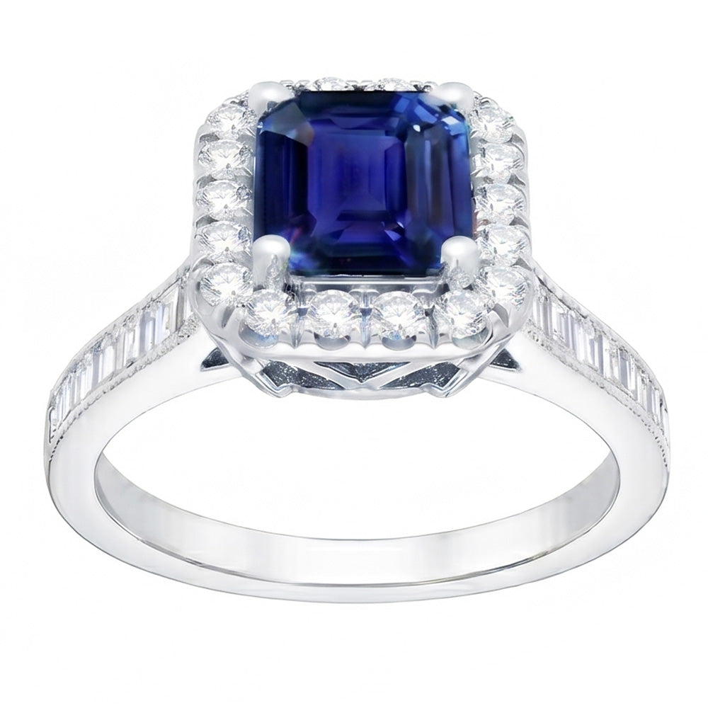 Anello Halo con zaffiro blu smeraldo da 3 carati e gioielli con diamanti, set di canali