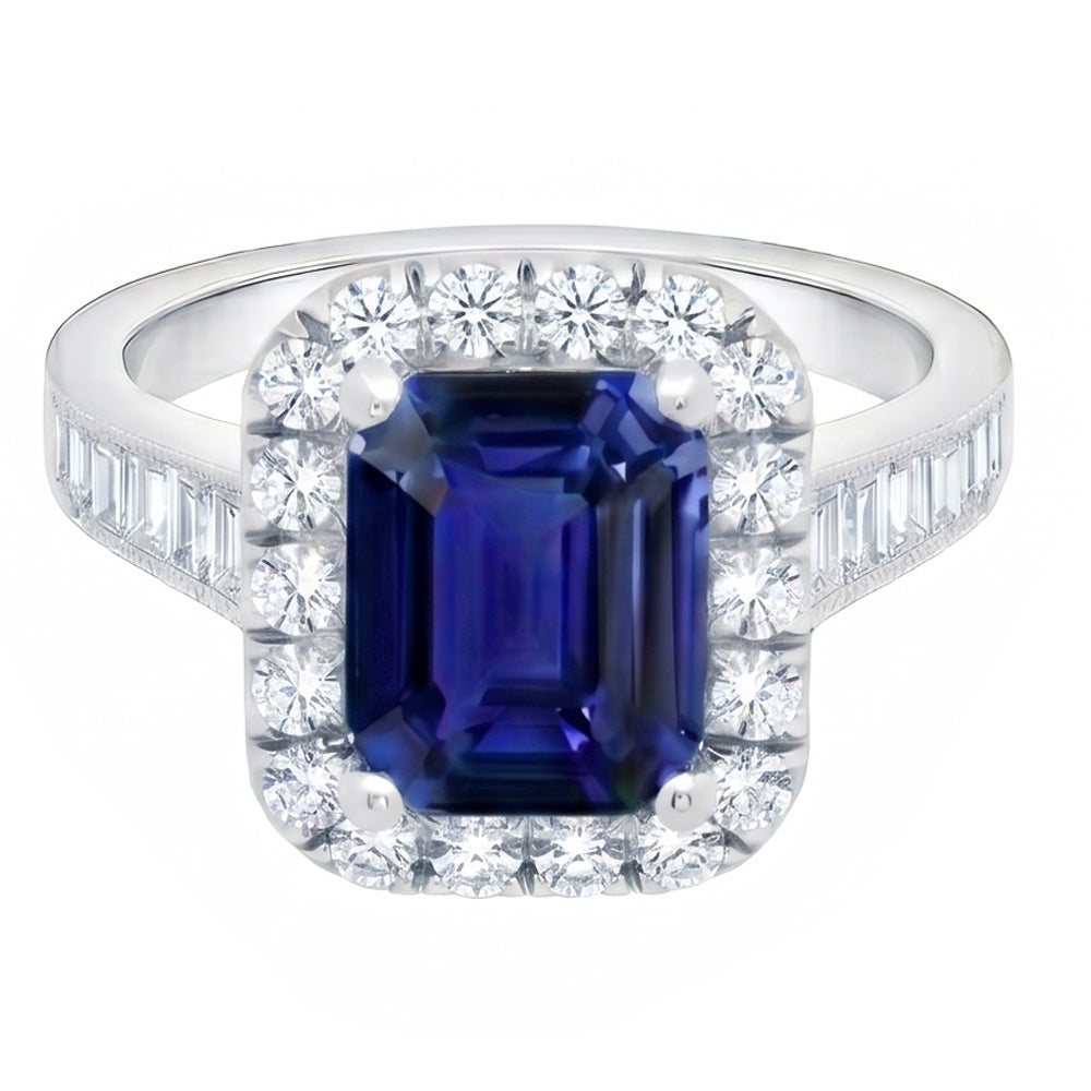 Anello Halo con zaffiro blu smeraldo da 3 carati e gioielli con diamanti, set di canali