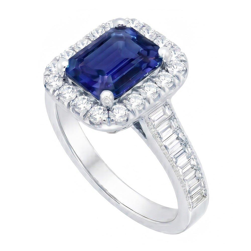 Anello Halo con zaffiro blu smeraldo da 3 carati e gioielli con diamanti, set di canali