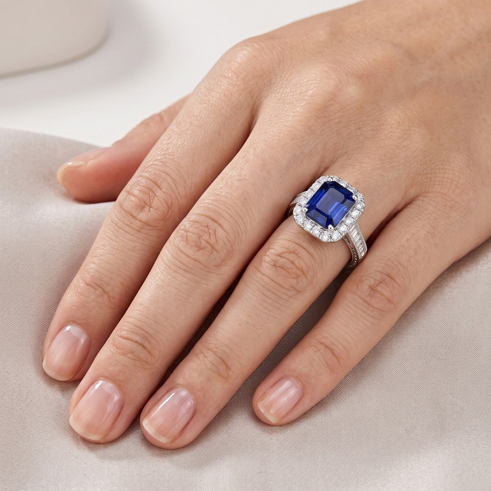 Anello Halo con zaffiro blu smeraldo da 3 carati e gioielli con diamanti, set di canali