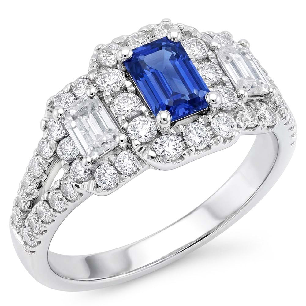 Anello Halo con zaffiro blu smeraldo taglio radiante e diamanti tondi 4 carati