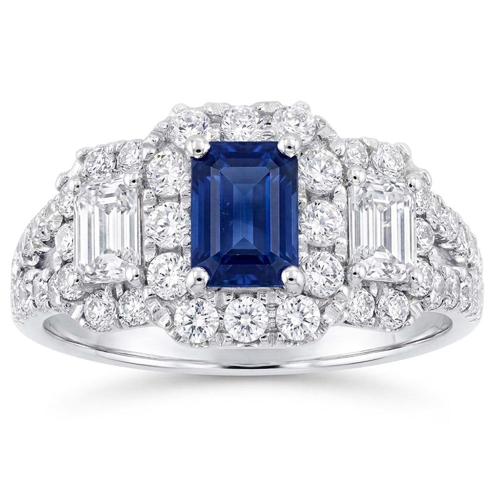 Anello Halo con zaffiro blu smeraldo taglio radiante e diamanti tondi 4 carati