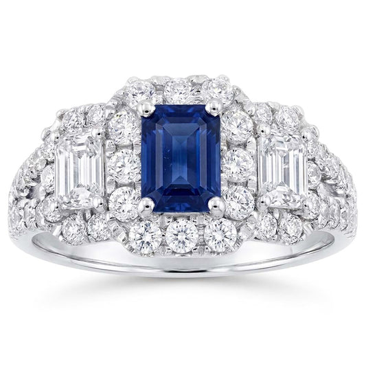Anello Halo con zaffiro blu smeraldo taglio radiante e diamanti tondi 4 carati