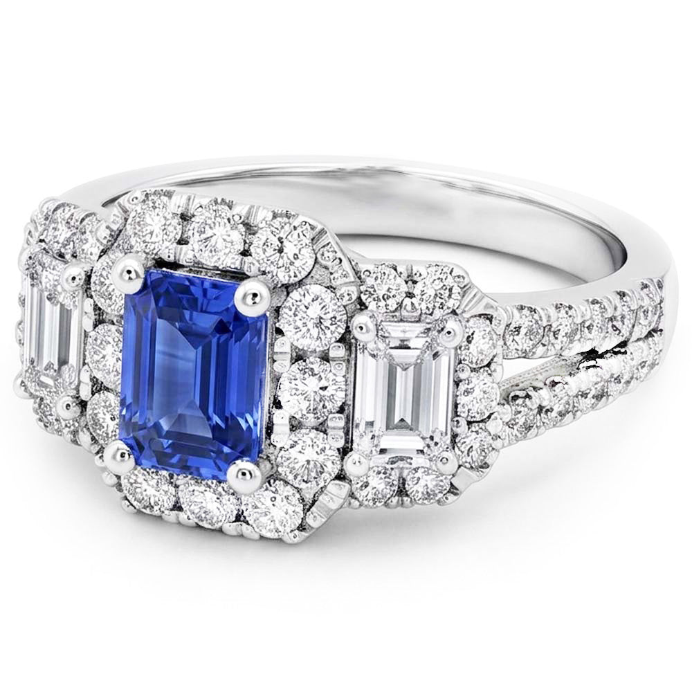 Anello Halo con zaffiro blu smeraldo taglio radiante e diamanti tondi 4 carati