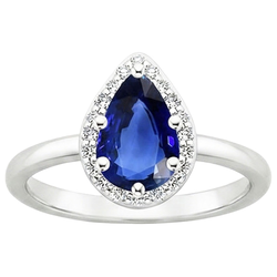 Anello Halo con zaffiro dello Sri Lanka a pera 3 carati e diamanti in oro bianco 14 carati