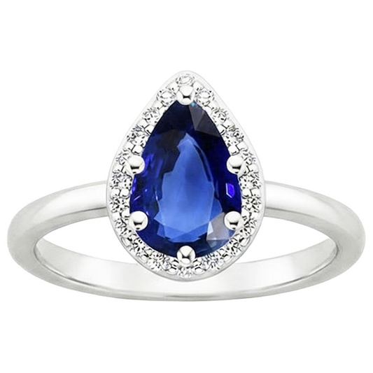 Anello Halo con zaffiro dello Sri Lanka a pera 3 carati e diamanti in oro bianco 14 carati