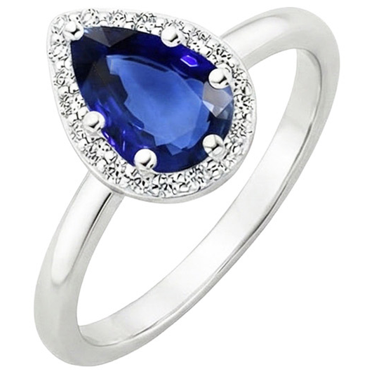 Anello Halo con zaffiro dello Sri Lanka a pera 3 carati e diamanti in oro bianco 14 carati