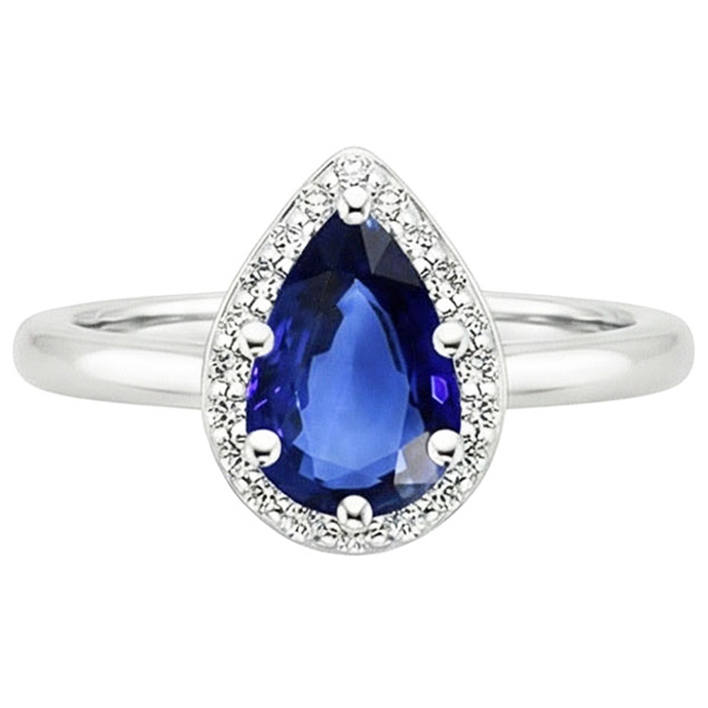 Anello Halo con zaffiro dello Sri Lanka a pera 3 carati e diamanti in oro bianco 14 carati