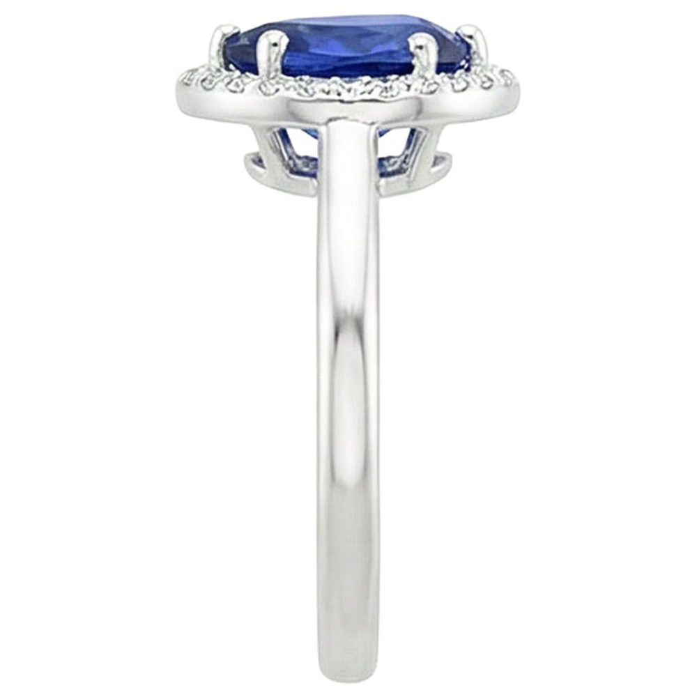 Anello Halo con zaffiro dello Sri Lanka a pera 3 carati e diamanti in oro bianco 14 carati