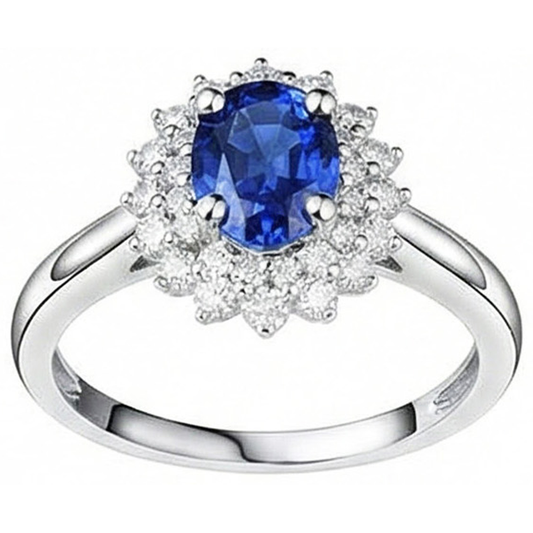 Anello Halo con zaffiro dello Sri Lanka ovale da 4 carati e diamanti taglio rotondo