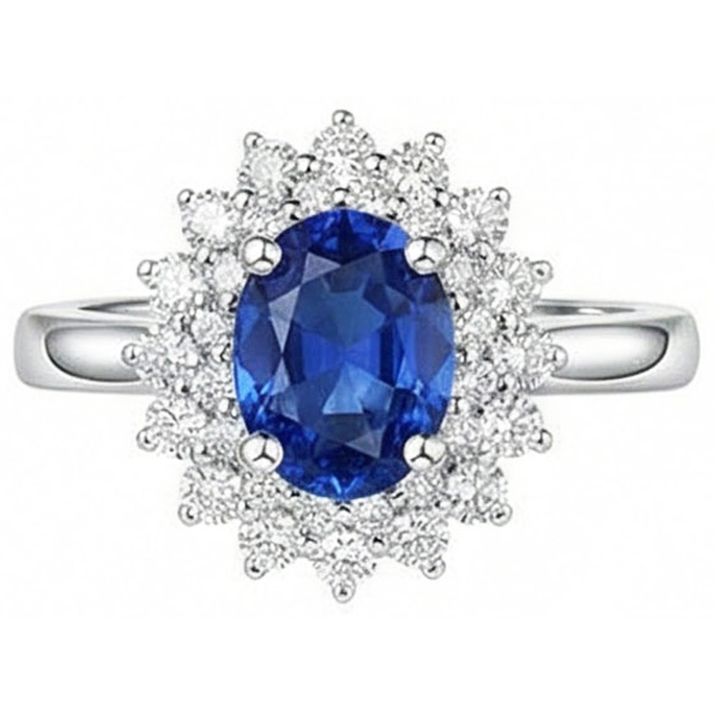 Anello Halo con zaffiro dello Sri Lanka ovale da 4 carati e diamanti taglio rotondo