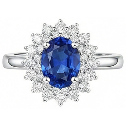 Anello Halo con zaffiro dello Sri Lanka ovale da 4 carati e diamanti taglio rotondo