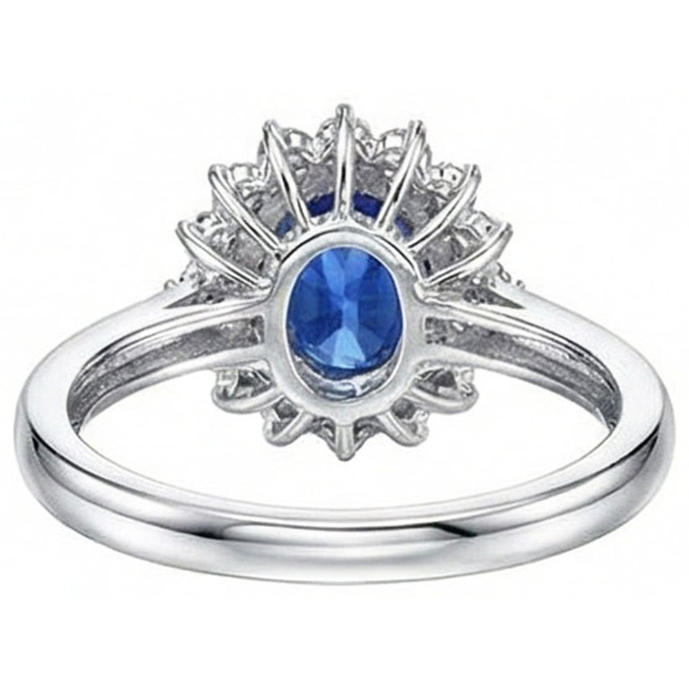 Anello Halo con zaffiro dello Sri Lanka ovale da 4 carati e diamanti taglio rotondo