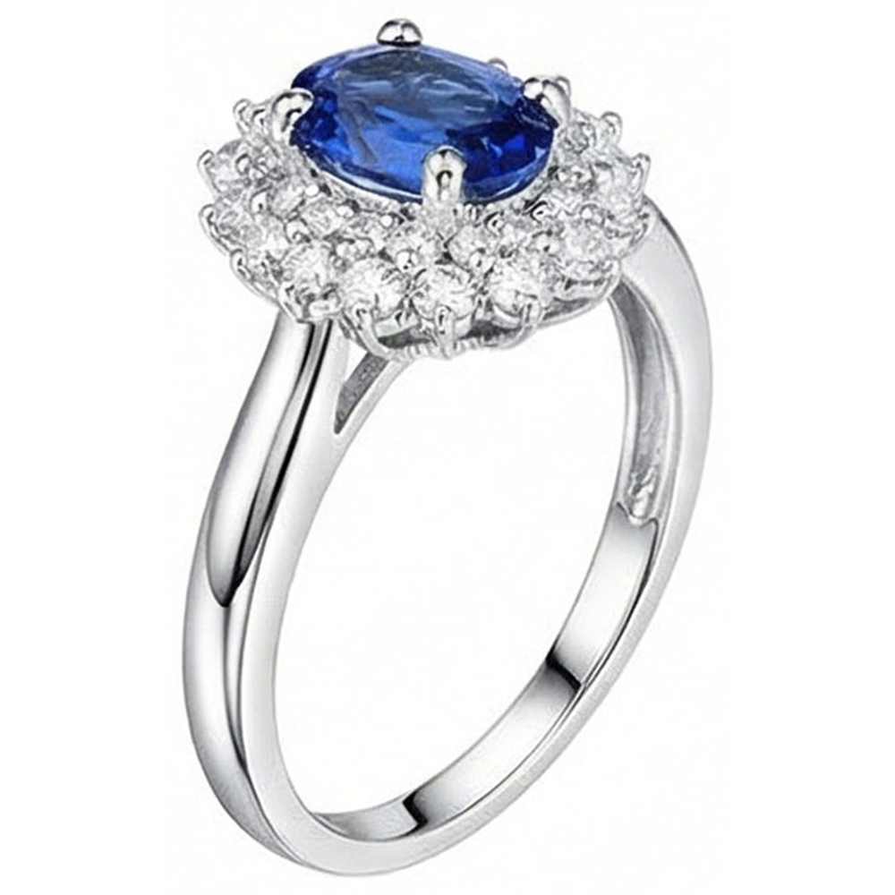 Anello Halo con zaffiro dello Sri Lanka ovale da 4 carati e diamanti taglio rotondo