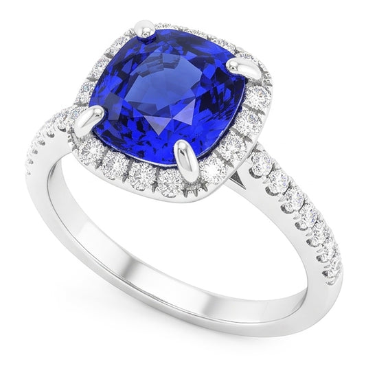 Anello Halo con zaffiro di Ceylon a cuscino da 3,50 carati e accenti di diamanti in oro bianco 14K