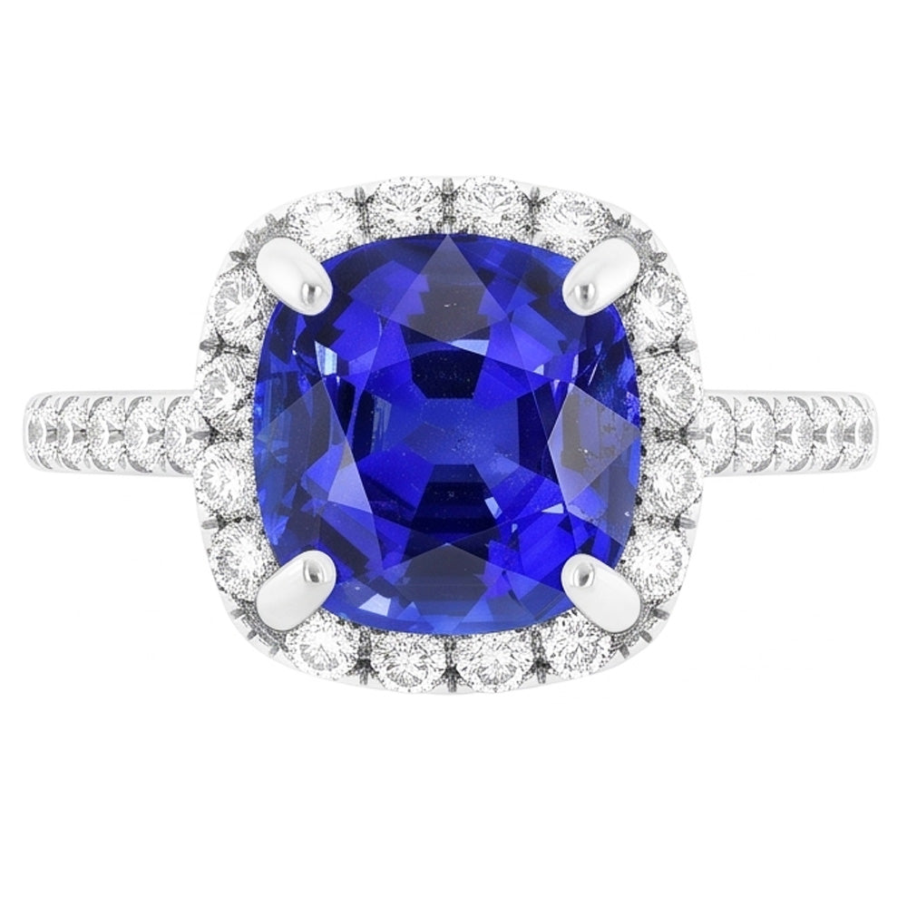 Anello Halo con zaffiro di Ceylon a cuscino da 3,50 carati e accenti di diamanti in oro bianco 14K