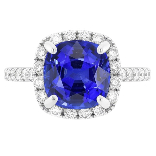 Anello Halo con zaffiro di Ceylon a cuscino da 3,50 carati e accenti di diamanti in oro bianco 14K