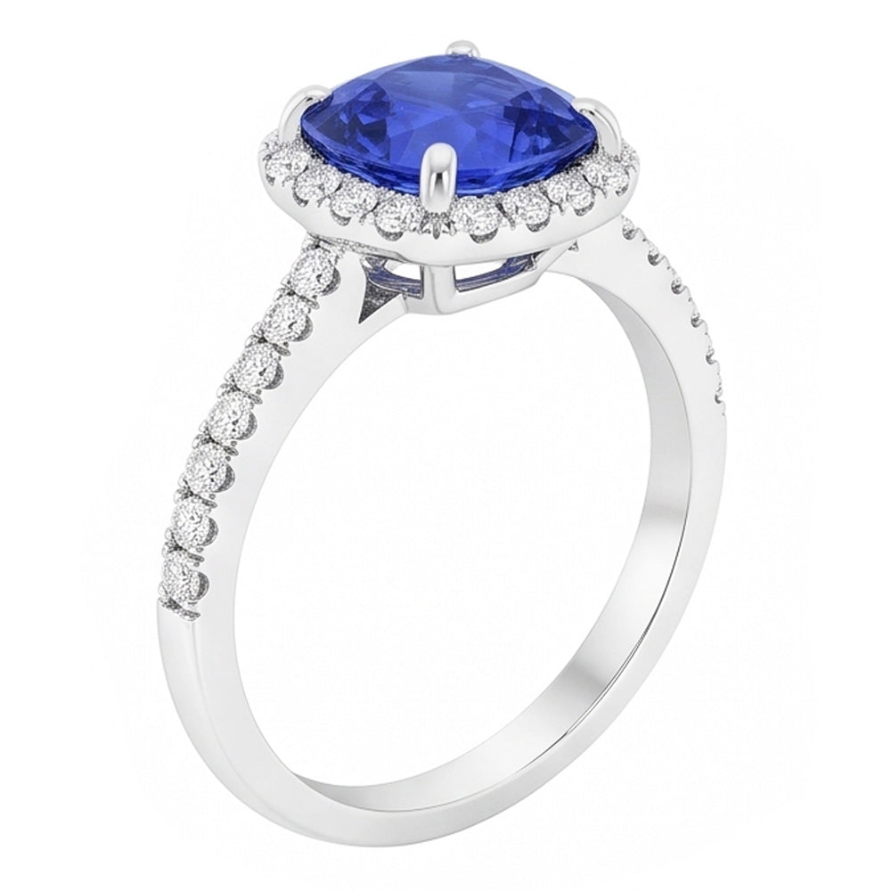 Anello Halo con zaffiro di Ceylon a cuscino da 3,50 carati e accenti di diamanti in oro bianco 14K