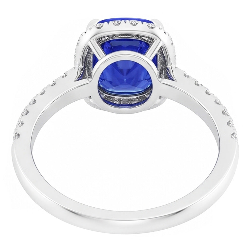 Anello Halo con zaffiro di Ceylon a cuscino da 3,50 carati e accenti di diamanti in oro bianco 14K