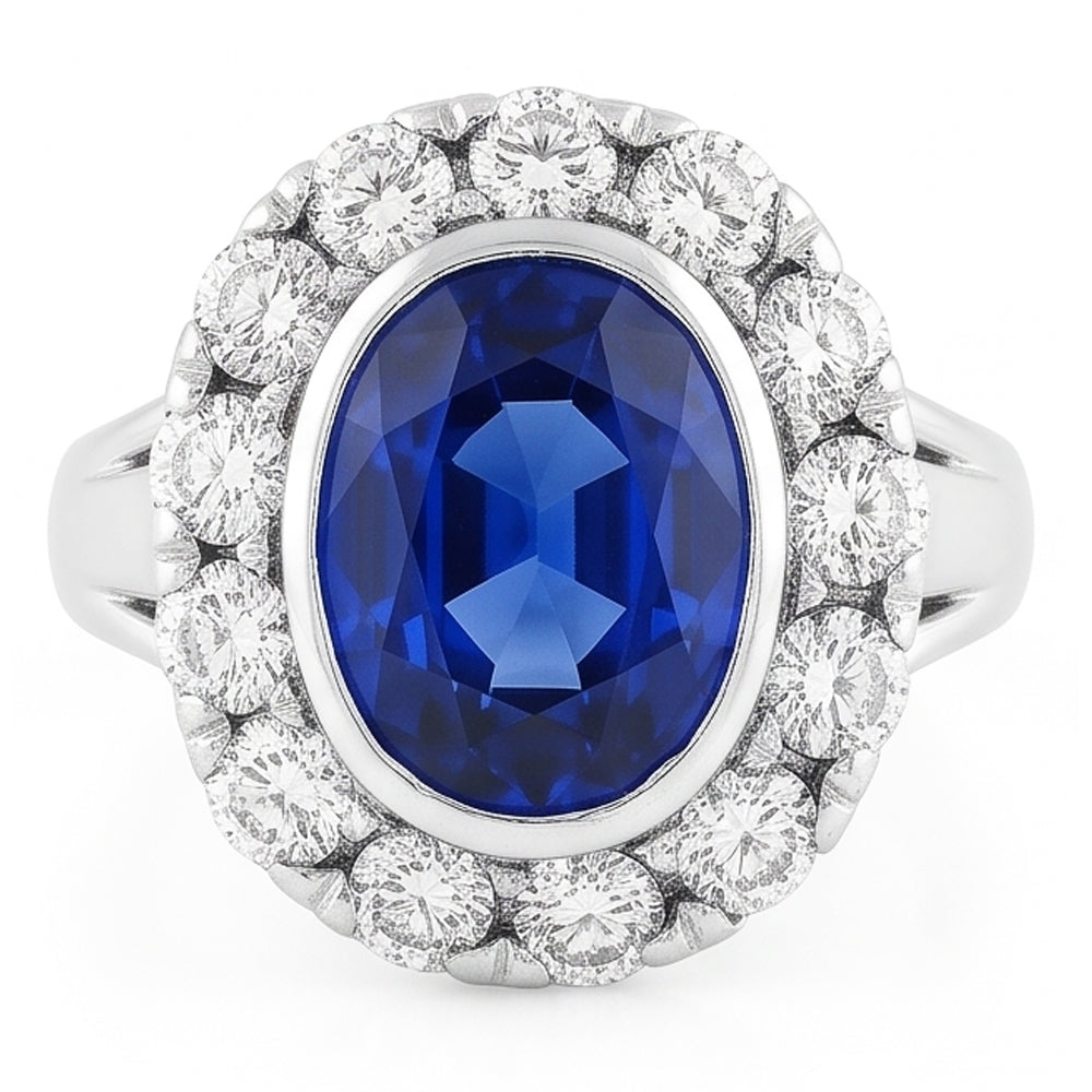 Anello Halo con zaffiro di Ceylon ovale da 4,50 carati e castone con diamanti