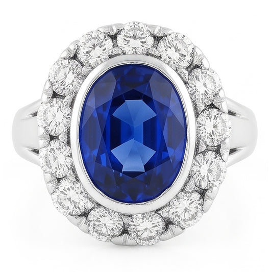 Anello Halo con zaffiro di Ceylon ovale da 4,50 carati e castone con diamanti