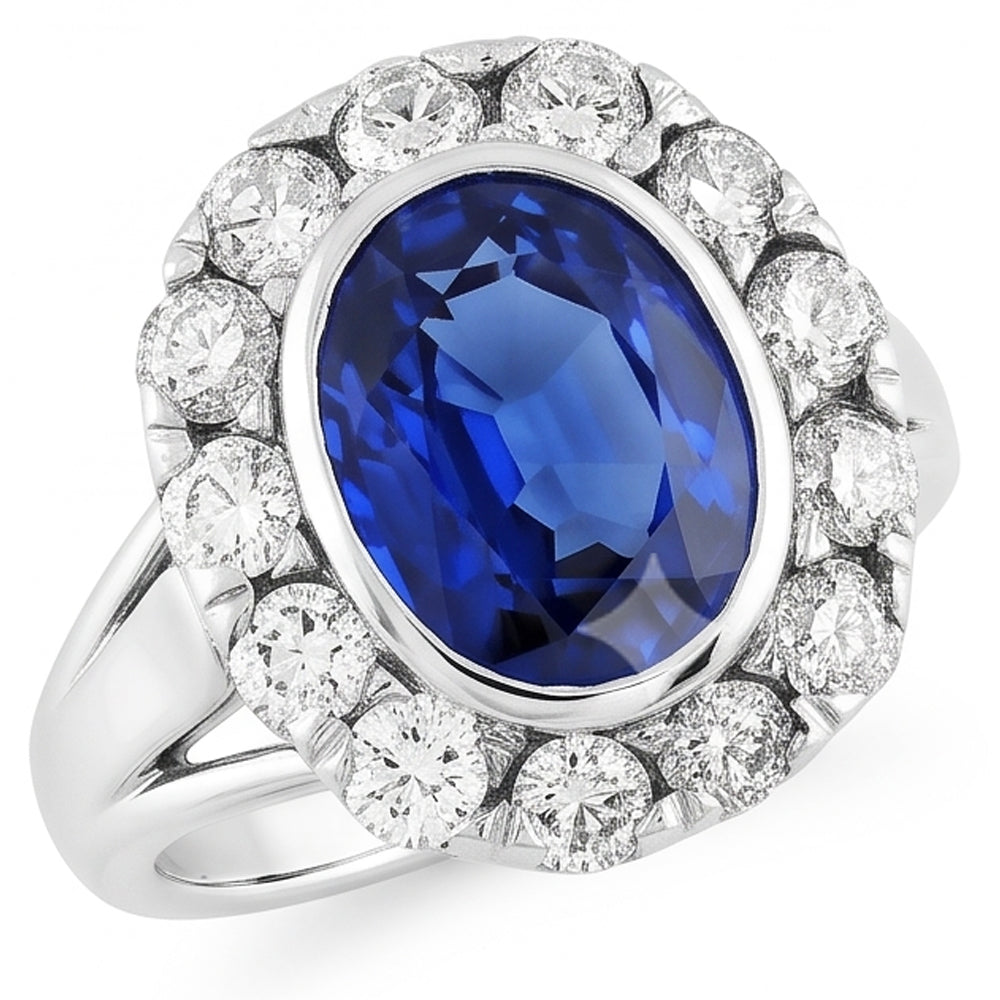 Anello Halo con zaffiro di Ceylon ovale da 4,50 carati e castone con diamanti