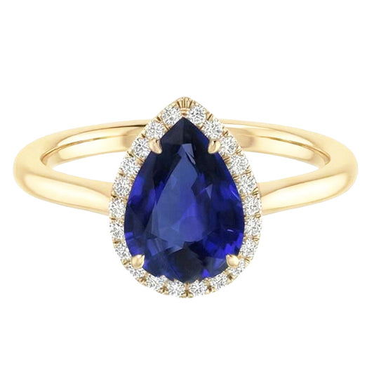 Anello Halo con zaffiro di Ceylon taglio a pera e diamanti. 3 carati a griffe