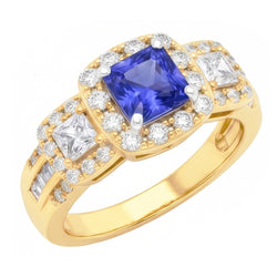 Anello Halo con zaffiro radiante da 5 carati e pietra preziosa di diamanti in oro 14K