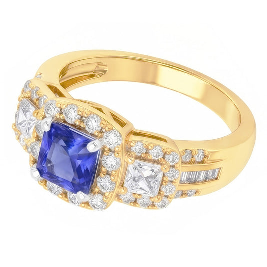 Anello Halo con zaffiro radiante da 5 carati e pietra preziosa di diamanti in oro 14K