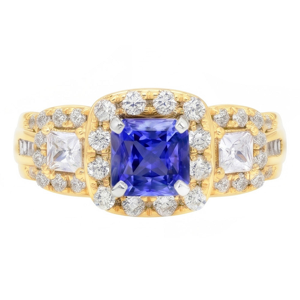 Anello Halo con zaffiro radiante da 5 carati e pietra preziosa di diamanti in oro 14K