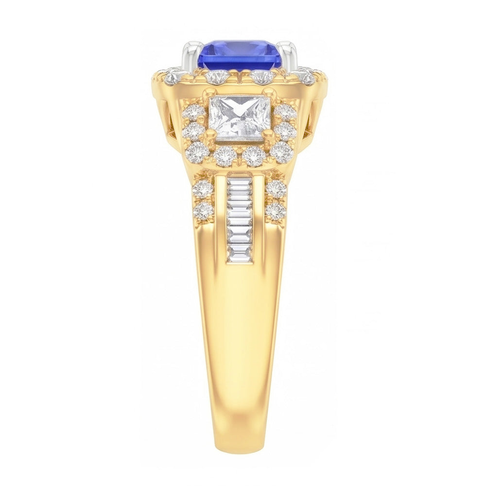Anello Halo con zaffiro radiante da 5 carati e pietra preziosa di diamanti in oro 14K