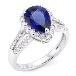 Anello Halo da donna con zaffiro Ceylon a gambo diviso e diamanti 3 carati in oro bianco 14K